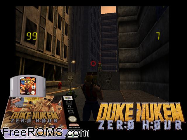 Duke Nukem - ZER0 H0UR N64 game showing 3D box cover and gameplay screenshot