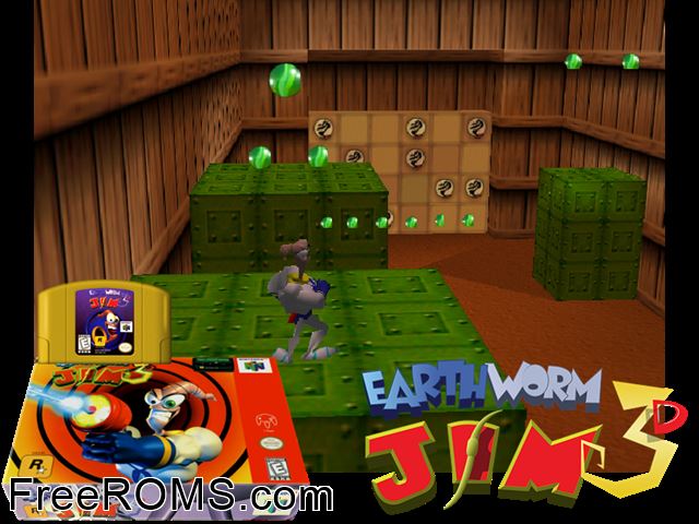 Earthworm Jim 3D N64 game showing 3D box cover and gameplay screenshot