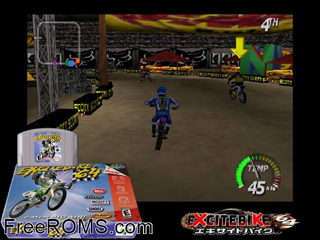 Excite Bike 64 N64 game showing 3D box cover and gameplay screenshot