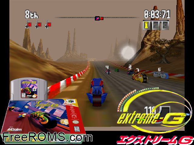 Extreme G N64 game showing 3D box cover and gameplay screenshot