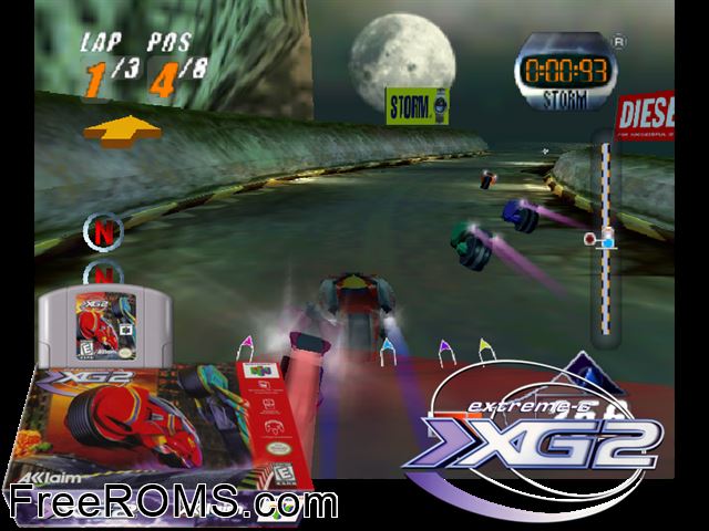Extreme G 2 N64 game showing 3D box cover and gameplay screenshot