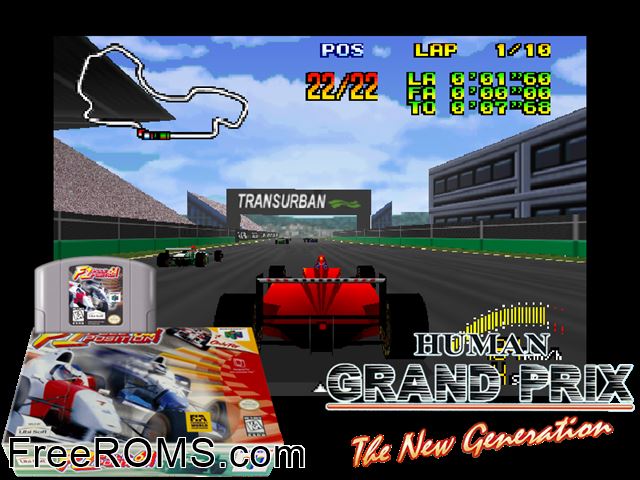 F1 Pole Position 64 N64 game showing 3D box cover and gameplay screenshot
