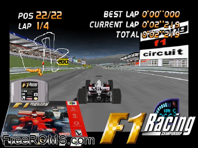 F1 Racing Championship N64 game showing 3D box cover and gameplay screenshot