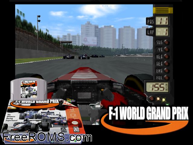 F1 World Grand Prix N64 game showing 3D box cover and gameplay screenshot