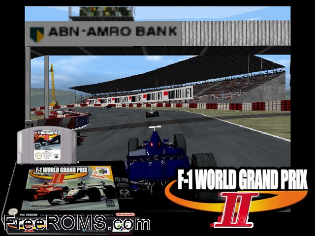 F1 World Grand Prix II N64 game showing 3D box cover and gameplay screenshot
