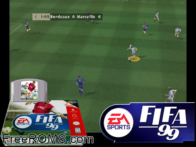 FIFA '99 N64 game showing 3D box cover and gameplay screenshot