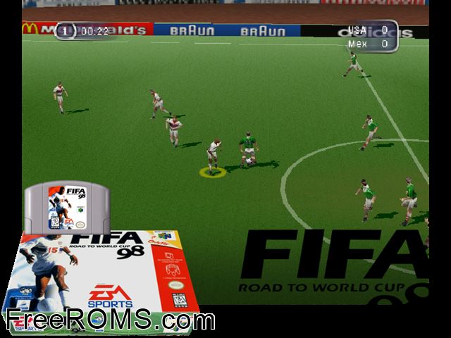 FIFA - RTWC 98 N64 game showing 3D box cover and gameplay screenshot