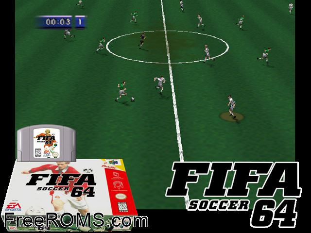 FIFA Soccer 64 N64 game showing 3D box cover and gameplay screenshot