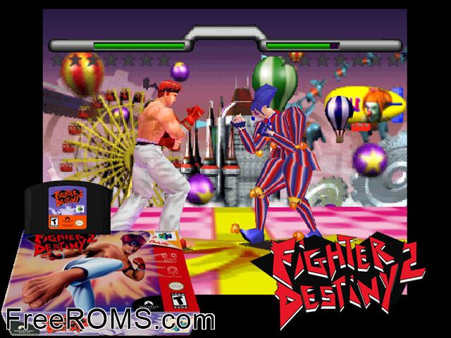 Fighter Destiny 2 N64 game showing 3D box cover and gameplay screenshot