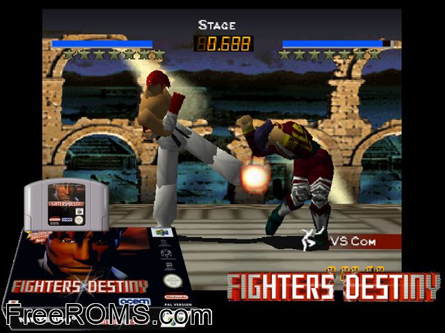 Fighter's Destiny N64 game showing 3D box cover and gameplay screenshot