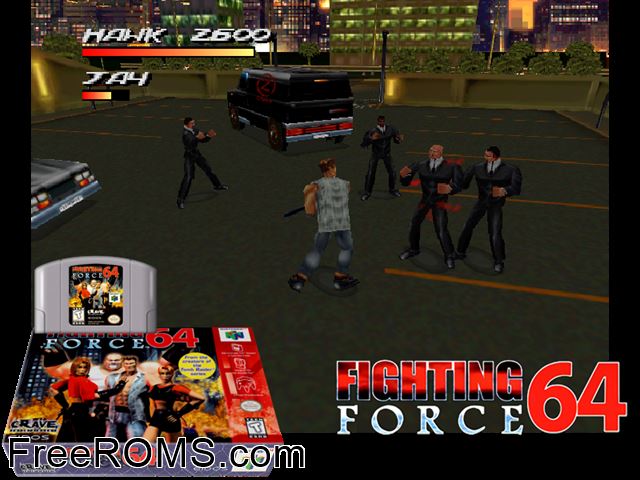 Fighting Force N64 game showing 3D box cover and gameplay screenshot