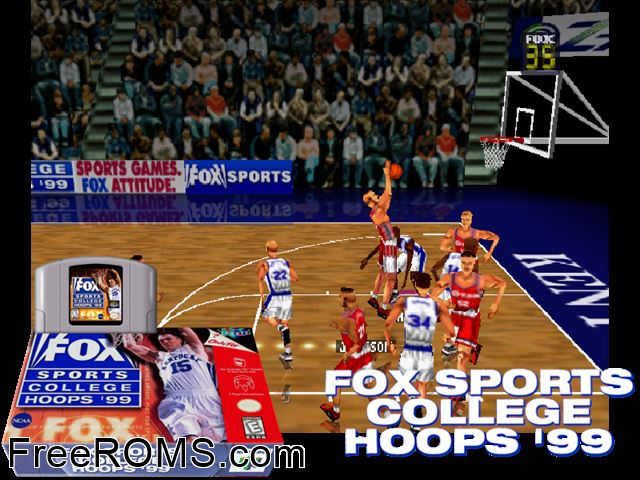 Fox Sports Hoops 99 N64 game showing 3D box cover and gameplay screenshot