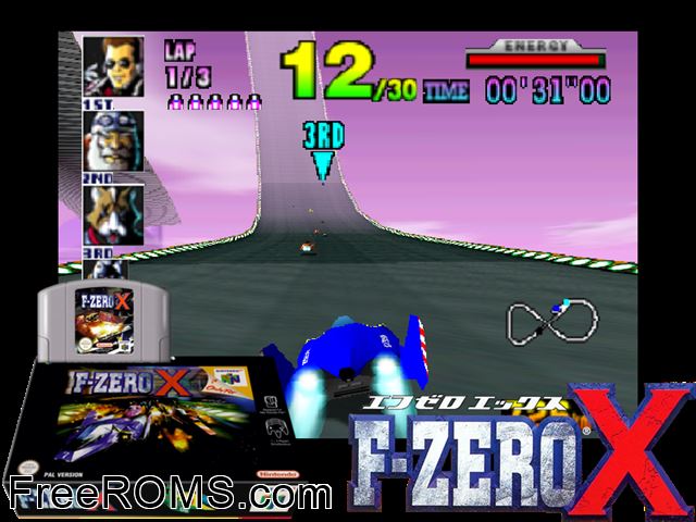 F-Zero X N64 game showing 3D box cover and gameplay screenshot