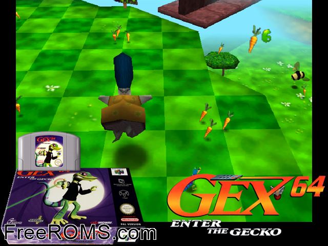 Gex 64 - Enter the Gecko N64 game showing 3D box cover and gameplay screenshot