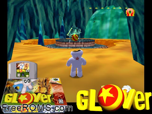 Glover N64 game showing 3D box cover and gameplay screenshot