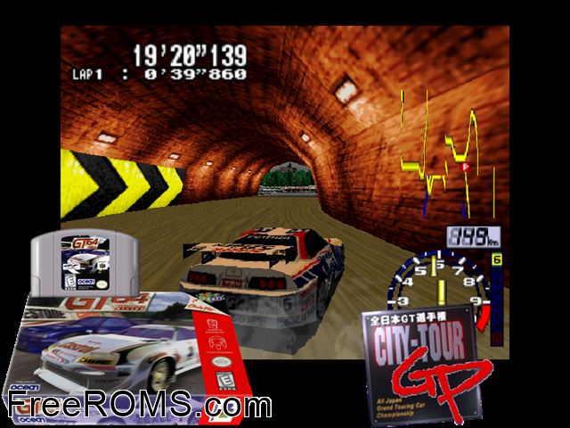 GT 64 - Championship Edition N64 game showing 3D box cover and gameplay screenshot