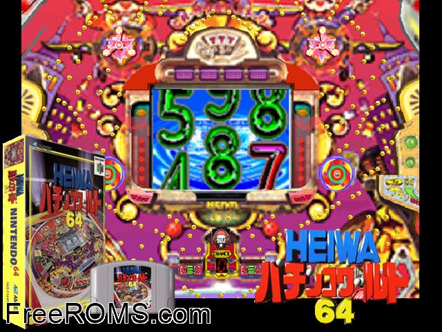 Heiwa Pachinko World 64 Jap N64 game showing 3D box cover and gameplay screenshot