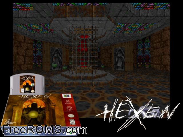 Hexen N64 game showing 3D box cover and gameplay screenshot