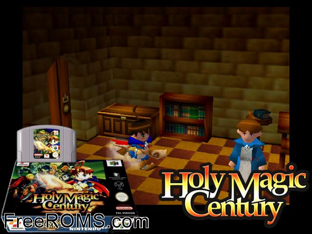 Holy Magic Century N64 game showing 3D box cover and gameplay screenshot