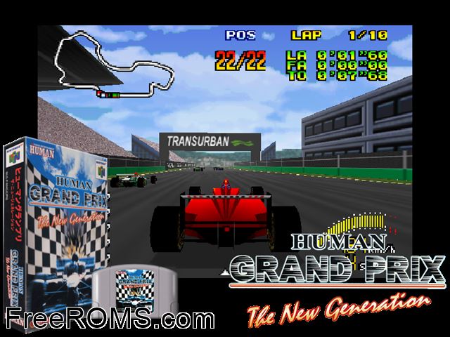 Human Grand Prix N64 game showing 3D box cover and gameplay screenshot