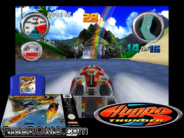 Hydro Thunder N64 game showing 3D box cover and gameplay screenshot