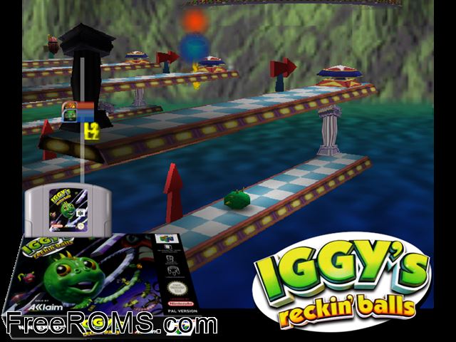 Iggy's Reckin' Balls N64 game showing 3D box cover and gameplay screenshot