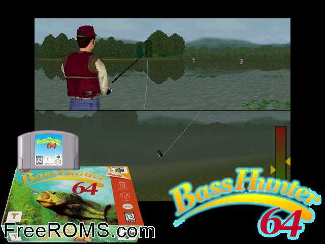 In-Fisherman Bass Hunter 64 N64 game showing 3D box cover and gameplay screenshot