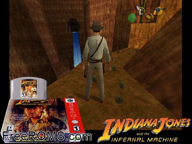 Indiana Jones and the Infernal Machine N64 game showing 3D box cover and gameplay screenshot