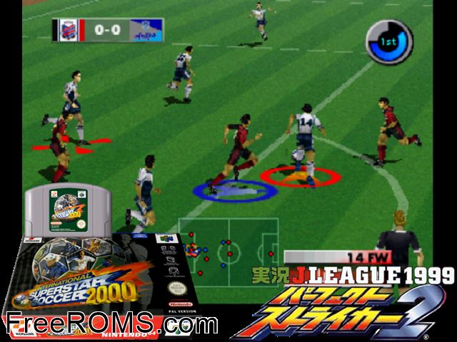 International Superstar Soccer 2000 N64 game showing 3D box cover and gameplay screenshot