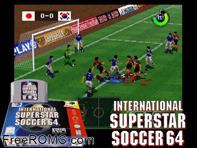 ISS 64 N64 game showing 3D box cover and gameplay screenshot