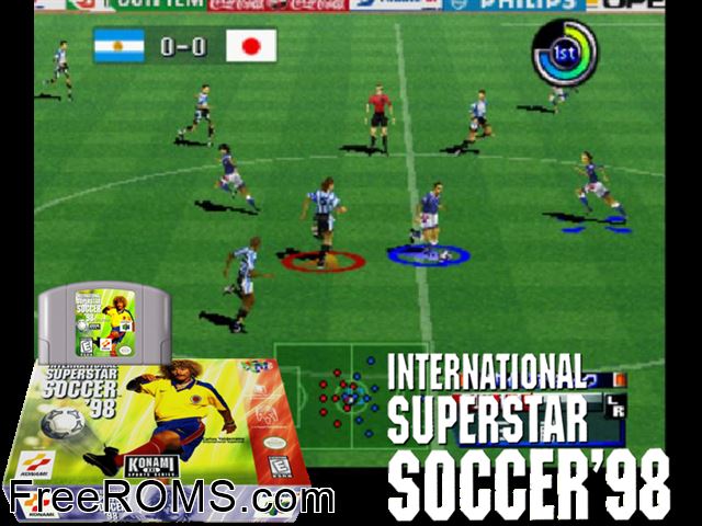 ISS 98 N64 game showing 3D box cover and gameplay screenshot