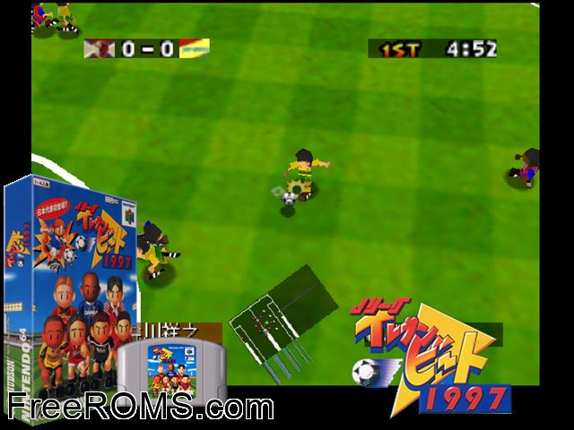 J.League Eleven Beat 1997 N64 game showing 3D box cover and gameplay screenshot