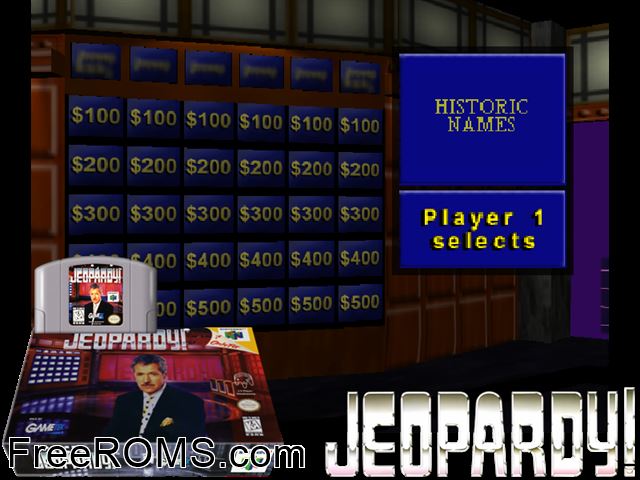 Jeopardy! N64 game showing 3D box cover and gameplay screenshot