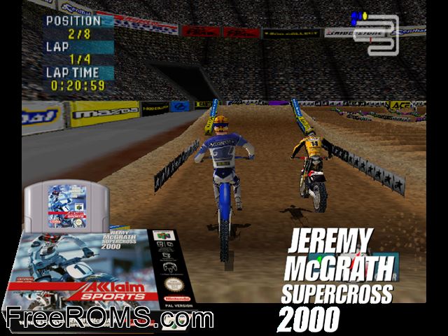 Jeremy McGrath Supercross 2000 N64 game showing 3D box cover and gameplay screenshot