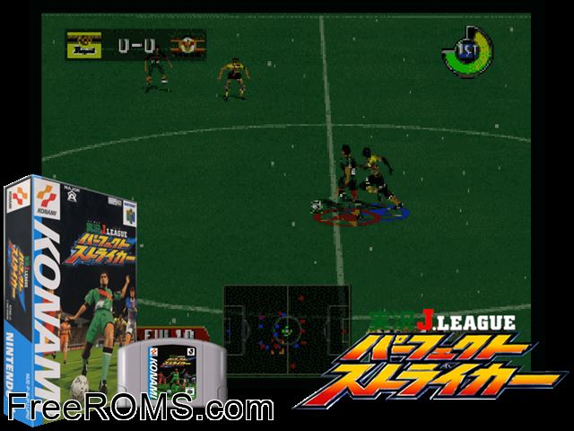 Jikkyou J.League Perfect Striker Jap N64 game showing 3D box cover and gameplay screenshot