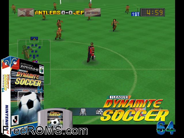 J.League Dynamite Soccer 64 Jap N64 game showing 3D box cover and gameplay screenshot