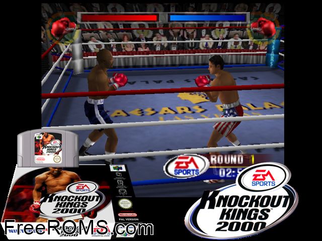 Knockout Kings 2000 N64 game showing 3D box cover and gameplay screenshot