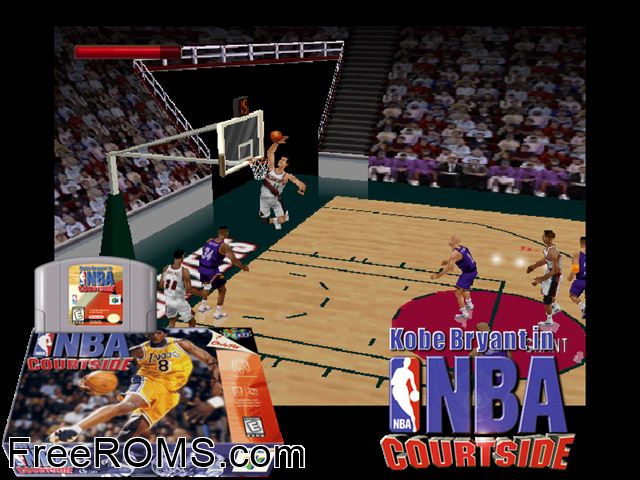 Kobe Bryant's NBA Courtside N64 game showing 3D box cover and gameplay screenshot
