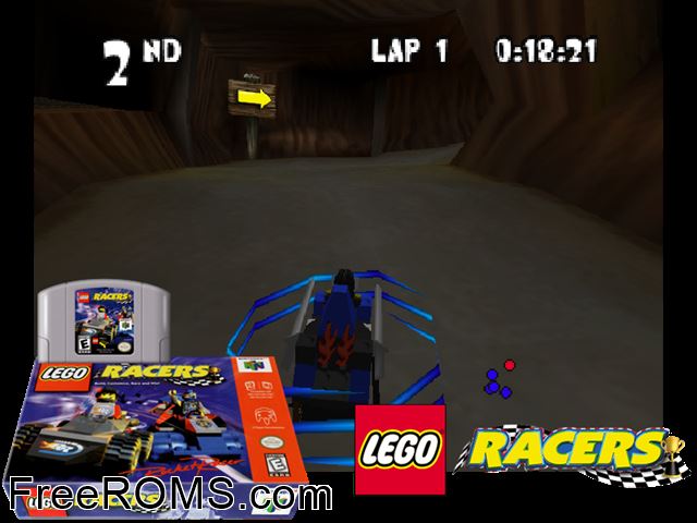 Lego Racers N64 game showing 3D box cover and gameplay screenshot