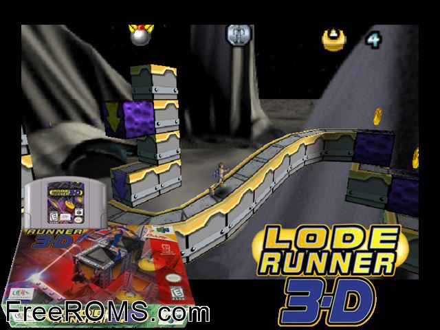 Lode Runner 3D N64 game showing 3D box cover and gameplay screenshot