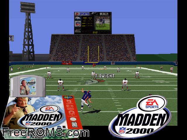 Madden NFL 2000 N64 game showing 3D box cover and gameplay screenshot