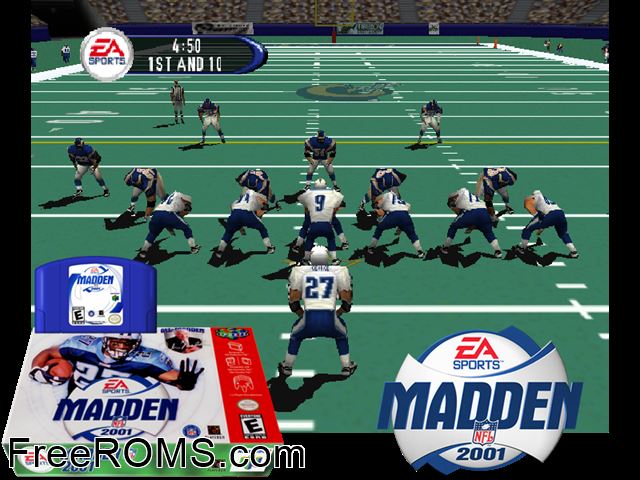 Madden NFL 2001 N64 game showing 3D box cover and gameplay screenshot