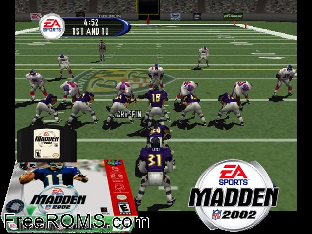 Madden NFL 2002 N64 game showing 3D box cover and gameplay screenshot