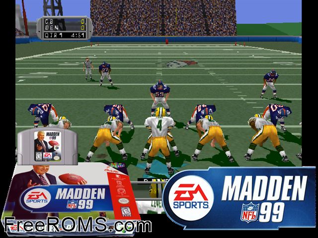 Madden NFL 99 N64 game showing 3D box cover and gameplay screenshot