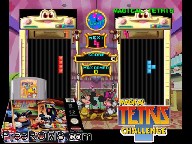 Magical Tetris Challenge N64 game showing 3D box cover and gameplay screenshot