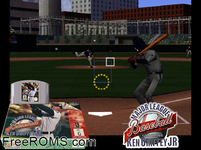 Major League Baseball Featuring Ken Griffey Jr N64 game showing 3D box cover and gameplay screenshot