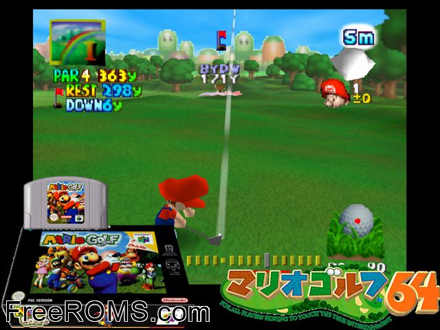 Mario Golf N64 game showing 3D box cover and gameplay screenshot