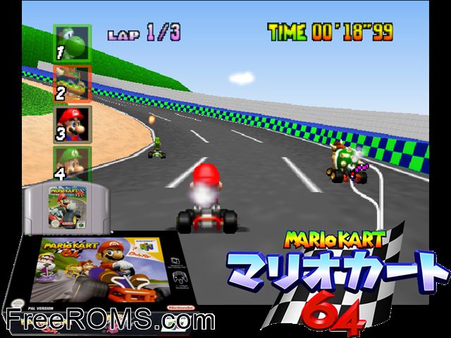 Mario Kart 64 N64 game showing 3D box cover and gameplay screenshot