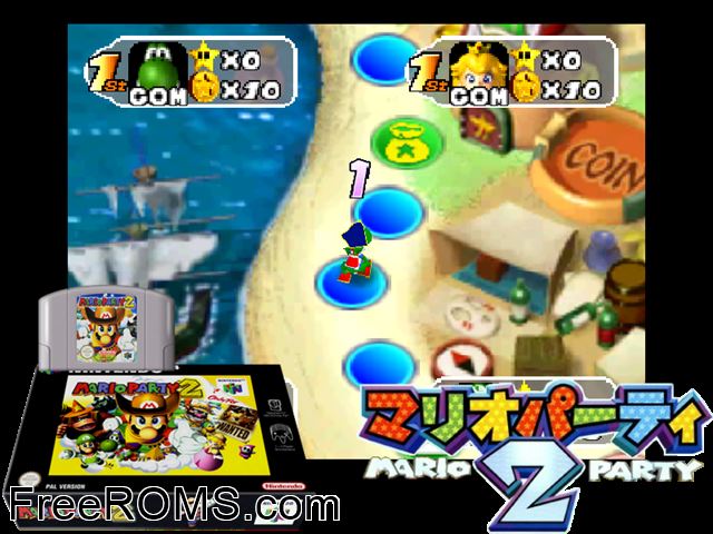 Mario Party 2 N64 game showing 3D box cover and gameplay screenshot