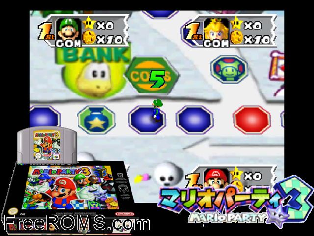 Mario Party 3 N64 game showing 3D box cover and gameplay screenshot